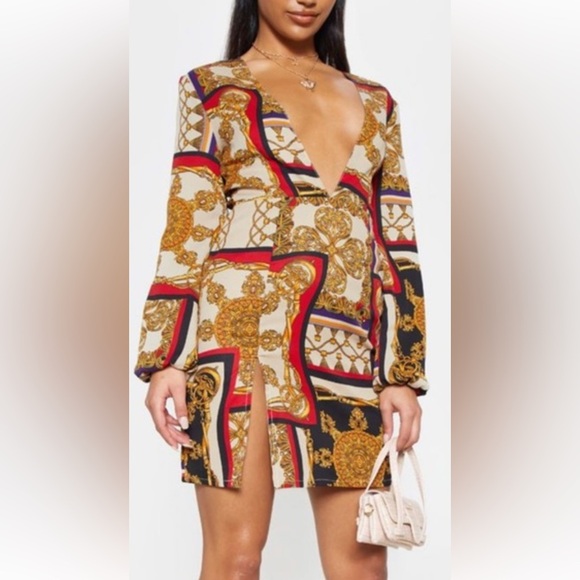 Pretty Little Thing Plunge Chain Print Skater Dress Size 8